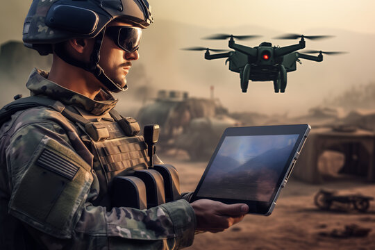 Military soldier controls drone on tablet for reconnaissance operation of enemy positions. Concept cyber technology robot in modern war