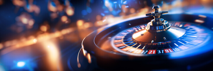 Fototapeta na wymiar Banner Casino roulette wheel in motion, colorful background with sunlight