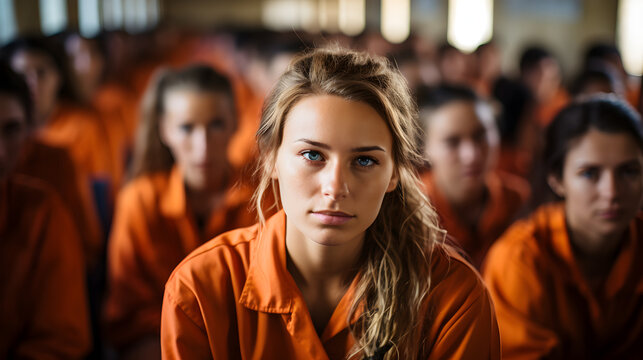 Woman Prisoners in orange shirts at the prison