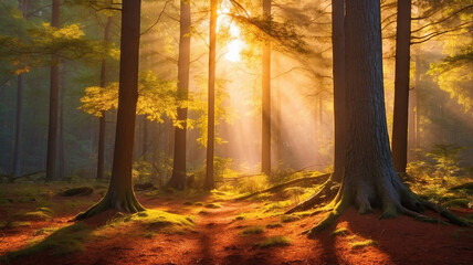 A vibrant and diverse scene of sunlight filtering through the trees, casting a warm and golden glow on the forest floor - AI Generative