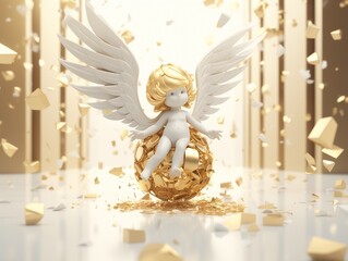 Funny malicious Christmas angel decoration, mischievious cherub ornament with white wings and golden hair on a golden Xmas bauble, broken golden ball, festive holiday decoration, getting into mischief - obrazy, fototapety, plakaty