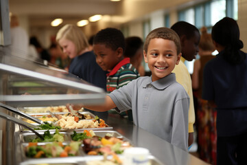 Happy child boy and other kids at buffet of cafeteria in elementary school or hotel