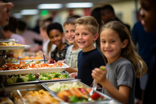 Happy child boy and other kids at buffet of cafeteria in elementary school or hotel