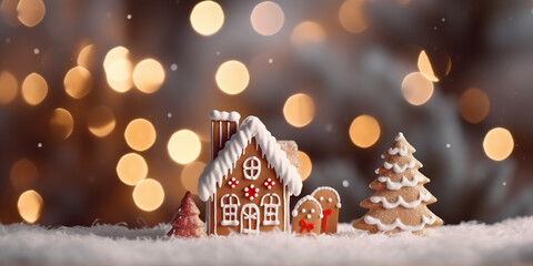 Banner Xmas card with Holiday mood. Gingerbread house cookie of holiday of Christmas and Happy new year on blur background bokeh lights