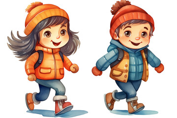 Cartoon of two kids in winter clothes, red hooded jacket with hood, walking happily outside in winter, wearing a woollen cap, kickers, gloves, smiling and looking happy, isolated on white background