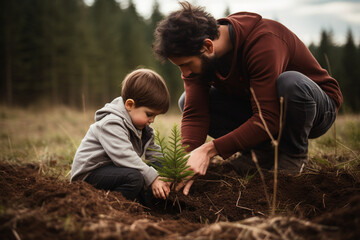 Young father teaching his son the value of nature and environmental education through planting a tree. Bonding through generations, cultivating a sense of responsibility and sustainability - obrazy, fototapety, plakaty