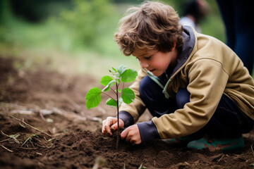 Young father teaching his son the value of nature and environmental education through planting a tree. Bonding through generations, cultivating a sense of responsibility and sustainability