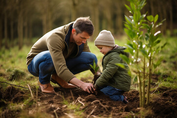 Young father teaching his son the value of nature and environmental education through planting a tree. Bonding through generations, cultivating a sense of responsibility and sustainability