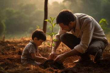 Young father teaching his son the value of nature and environmental education through planting a tree. Bonding through generations, cultivating a sense of responsibility and sustainability - obrazy, fototapety, plakaty