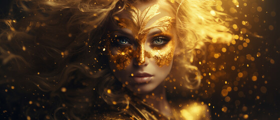 Model like an angel with golden face paint and gold leaf sparkling glitter - rich opulence and exquisite delight, cosmetics and skincare advertisement campaign - eternal divine feminine beauty. 