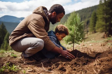 Schilderijen op glas Young father teaching his son the value of nature and environmental education through planting a tree. Bonding through generations, cultivating a sense of responsibility and sustainability © Moritz