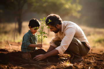 Young father teaching his son the value of nature and environmental education through planting a tree. Bonding through generations, cultivating a sense of responsibility and sustainability