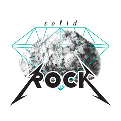 Rock or Stone with Thrash Heavy Metal Style Logo and Diamond Cutting Outline with Solid Lettering over It as Comic Print Concept - Black and Blue on White Background - Engraving Graphic Design