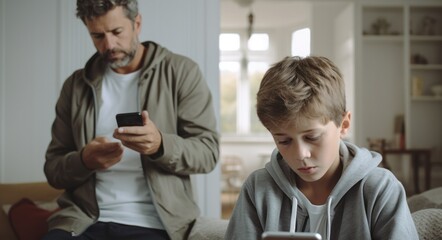 A Teenager Engrossed in His Smartphone While His Father Looks On in Disappointment