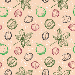 Chestnuts seamless pattern with plant, fruit, sweet chestnut repeating background. Backdrop with nuts decorative ornament for print, paper, wrapping, card, template, packaging. Vector illustration