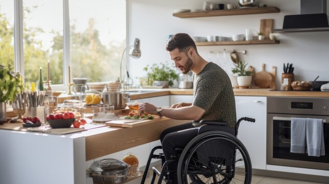 Accessible Kitchen Image Featuring a Man in a Wheelchair Preparing Food Independently.