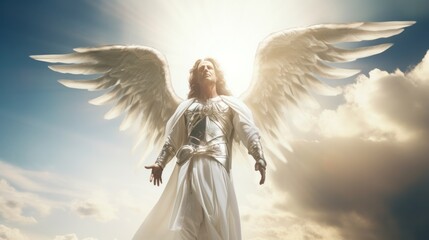 Archangel Raphael and Michael in Divine Sky with Rays of Light Providing Protection, Love, Faith, and Peace