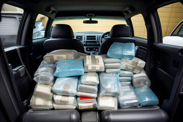 Illegal drug smuggling inside car. Police discovered large shipment of pills inside cabin - obrazy, fototapety, plakaty