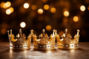 Three gold shiny crowns on warm bokeh background. Holiday Epiphany and three kings day 6 January