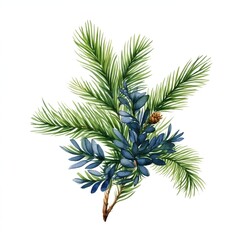 Christmas branch of a pine, simple, isolated on white background, green and blue colors
