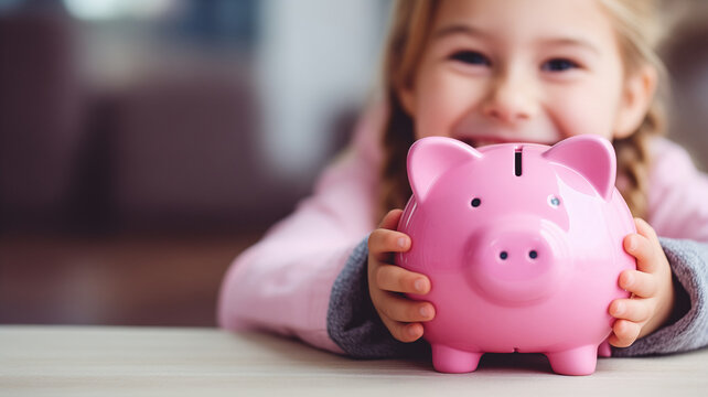 Little caucasian girl hold pink piggy bank. Concept learning about saving money, kid save finances for education or dream
