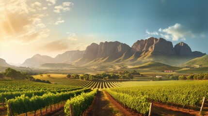 Fototapeta na wymiar Beautiful Stellenbosch Scene with Grapevines and Harvesting Equipment.