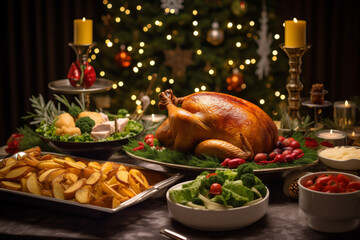 Christmas turkey on dark background, top view. Traditional festive food for Thanksgiving. Holiday mood banner for xmas card