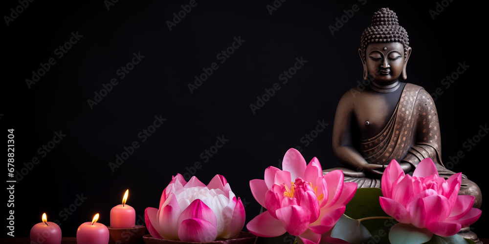 Wall mural buddha statue meditate with flowers lotus on dark background. banner vesak day
