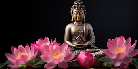 Buddha statue meditate with flowers lotus on dark background. Banner Vesak day