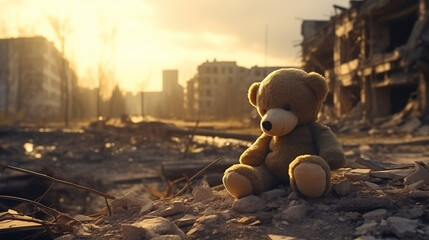 Concept destroy life of baby and death kids after accident war or earthquake. Alone dirt toy bear lies rubble of house
