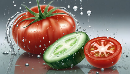 Tomato and cucumber on table with drops of water