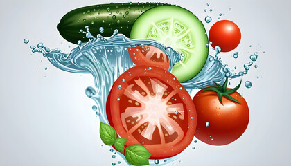 Tomato and cucumber composition with water. 