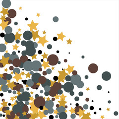 Gold, blue, brown, black confetti with circles and stars. Cosmic shine. Christmas abstract pattern. Beautiful illustration for postcard, banner, web. Background for the image. Vector illustration