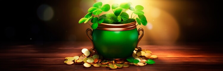  pot full of gold coins and shamrock leaves. st. patrick's day abstract green background for wallpaper , banner, invitation. digital art