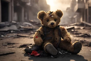 Foto op Plexiglas Broken teddy bear toy in destroyed city after war conflict, stop war concept, ruined childhood background © Karlo