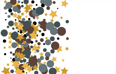 Gold, blue, brown, black confetti with circles and stars. Cosmic shine. Christmas abstract pattern. Beautiful illustration for postcard, banner, web. Background for the image. Vector illustration