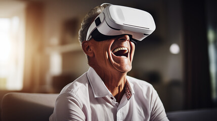 Portrait of smiling elderly man in virtual reality glasses enjoying the game