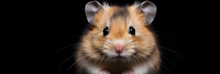 Cute hamster on black background, wide horizontal panoramic banner with copy space, or web site header with empty area for text.