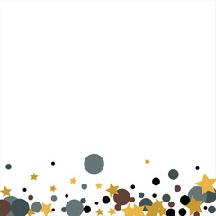 Gold, blue, brown, black confetti with circles and stars. Cosmic shine. Christmas abstract pattern. Beautiful illustration for postcard, banner, web. Background for the image. Vector illustration