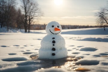 Ein Schneemann schmilzt wegen Klimaerwärmung im Frühling