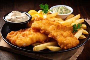 British Fish and Chips on Crispy Battered Cod with French Fries. Traditional English Dinner on Rustic Background