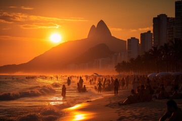 Late Afternoon Bliss: Unidentifiable Silhouettes Enjoy the Sun on Ipanema Beach, Rio de Janeiro's Most Exclusive Coastal Getaway
