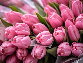 Obraz premium Pink tulips bouquet in girl hands. Generative Ai