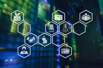 Concept big data processing center, cloud database, server energy station future. Data transmission technology. Synchronizing personal information. Cube or box Block chain of abstract finance data.