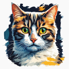 t-shirt graphic design art, flat illustration of a cute cat, colorful tones, highly detailed cleaning, vector image, photorealistic masterpiece, professional photography, plain white background, isome