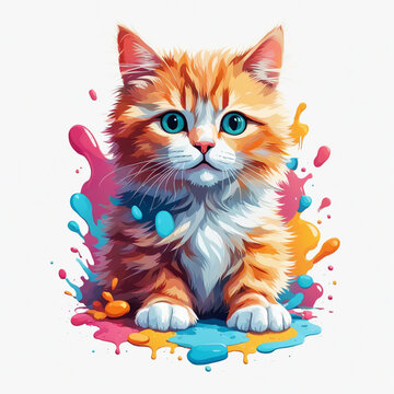 t-shirt graphic design art, flat illustration of a cute cat, colorful tones, highly detailed cleaning, vector image, photorealistic masterpiece, professional photography, plain white background, isome