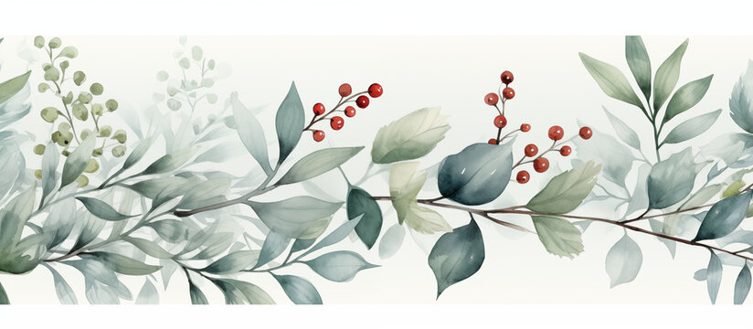 Fototapeta  Winter botanical watercolor leaf branches background vector illustration. Hand painted watercolor foliage, berry, pine leaves, holly sprig. Design for poster, wallpaper, banner, card, decoration.