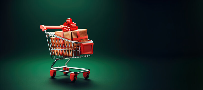 Generative AI, shopping cart with many gift boxes on red and green background with glittered bokeh, Christmas concept, discount and sale.	
