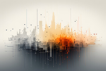 Abstract skyline with orange and gray paint splatters and reflections