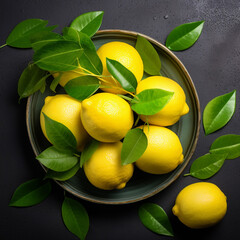 Top view of fresh lemon inside a bowl on a dark table